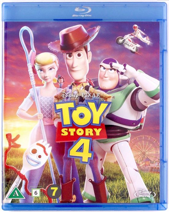 Blu-ray hoesje van Toy Story 4 met Woody, Buzz en Bo Peep op de voorkant.