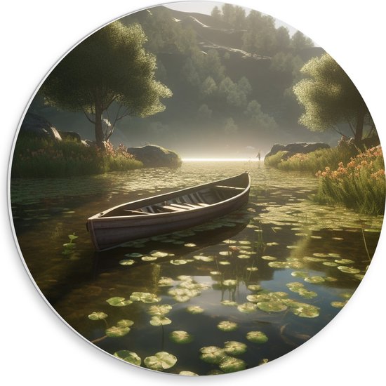 PVC Schuimplaat Muurcirkel - Houten Bootje op het Water tussen de Bomen - 30x30 cm Foto op Muurcirkel (met ophangsysteem)