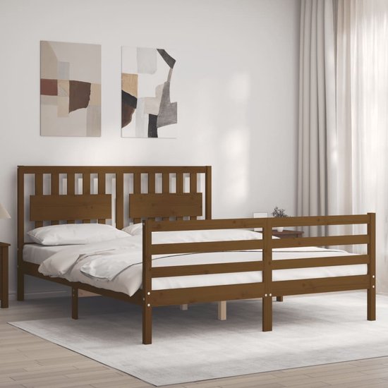 The Living Store Bed Honey Brown 205.5x155.5x100cm - Solid Pine Wood - Plywood Slats