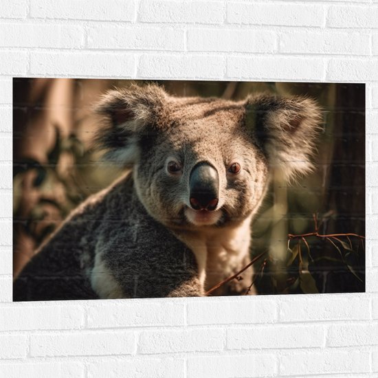 Muursticker - Aankijkende Koala in het Bos - 90x60 cm Foto op Muursticker