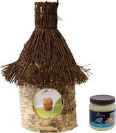 Nichoir / mangeoire / maison au beurre de cacahuète en bois de bouleau avec toit de chaume / osier 36 cm y compris beurre de cacahuète pour oiseaux - Mangeoire à oiseaux