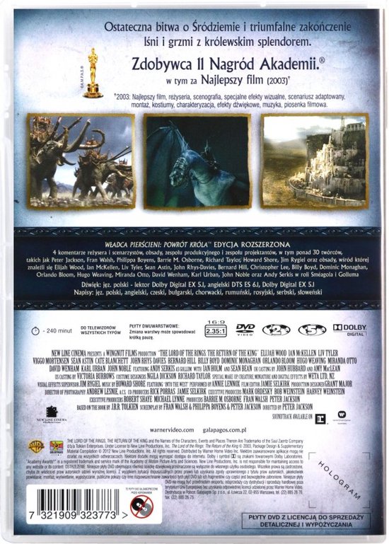 Achterkant dvd-hoes van 'The Lord of the Rings: The Return of the King'. Goudkleurige tekst, Oscar-beeldje, filmposters.