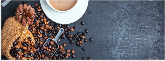 Poster Glanzend – Bovenaanzicht van Kop Koffie met Jutten Zak met Koffieboontjes - 60x20 cm Foto op Posterpapier met Glanzende Afwerking