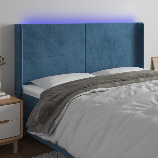 The Living Store Hoofdbord LED donkerblauw - 163 x 16 x 118/128 cm - verstelbare hoogte - zacht fluweel - kleurrijke LED-verlichting - snijdbare LED-strip - comfortabele ondersteuning - montagehandleiding