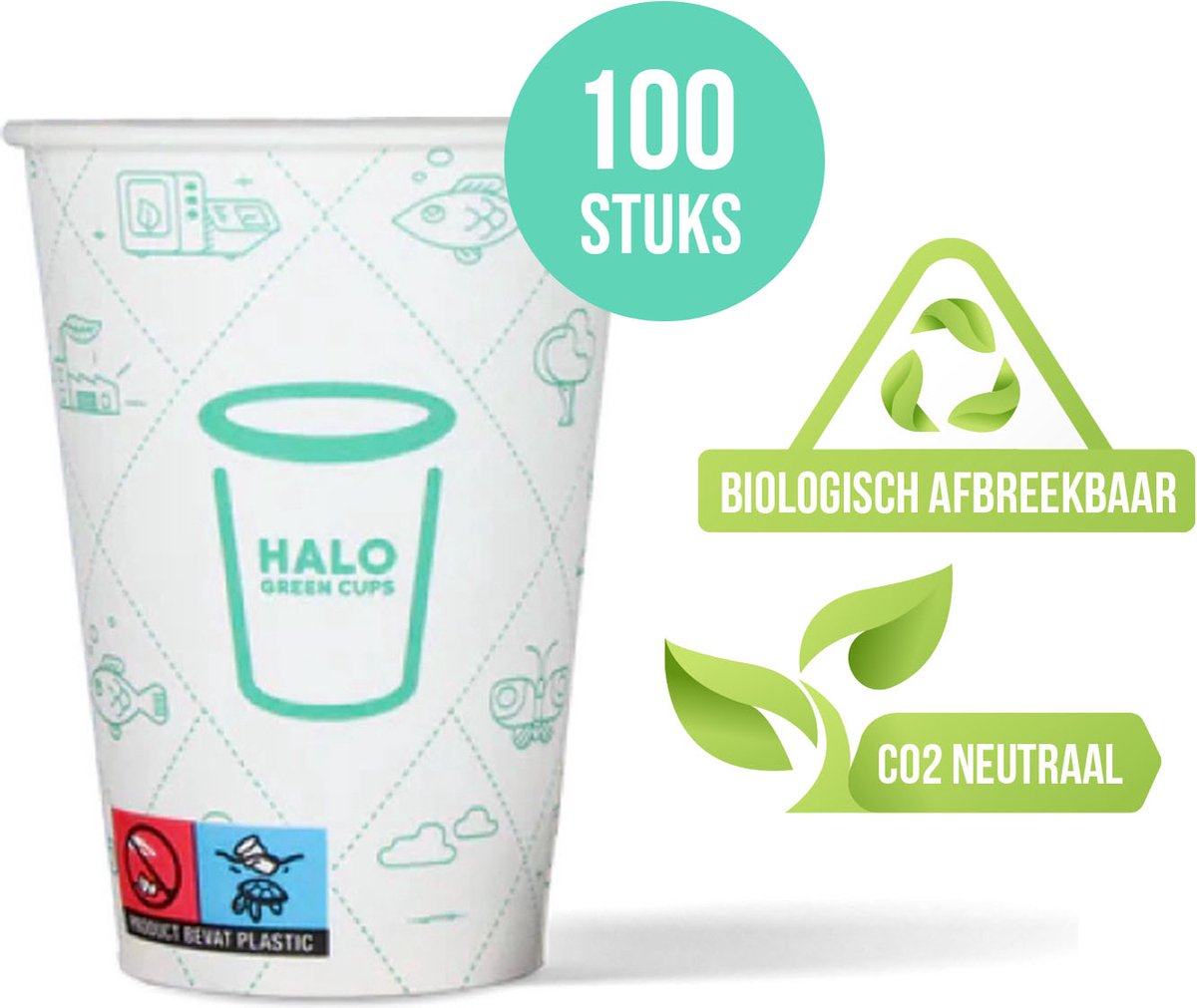 HALO Green Cups Koffiebekers - To Go Bekers - Wegwerp beker - Biologisch afbreekbaar - CO2 Neutraal - PLA/FSC - 180ml/7.5Z - 100 Stuks