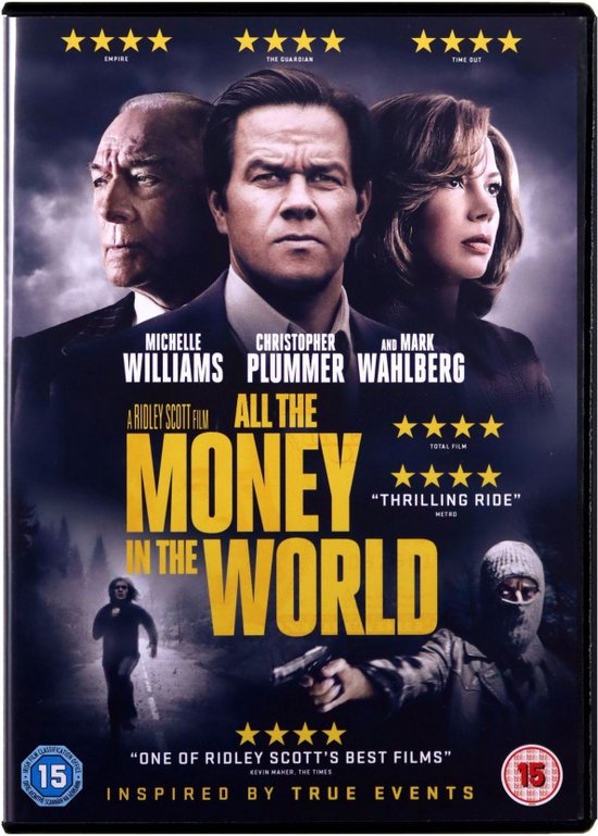 Filmaffiche met Michelle Williams, Christopher Plummer en Mark Wahlberg. Titel: 'All the Money in the World'.