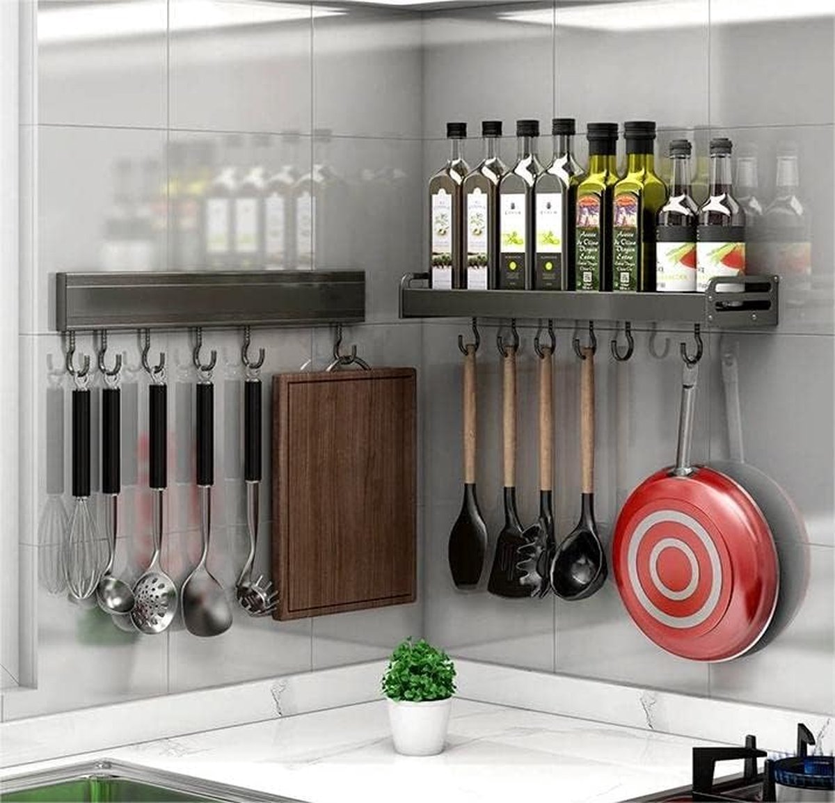 Porte-épices, étagère murale de cuisine avec 6 crochets, support de  casserole mural auto-adhésif pour étagère de cuisine