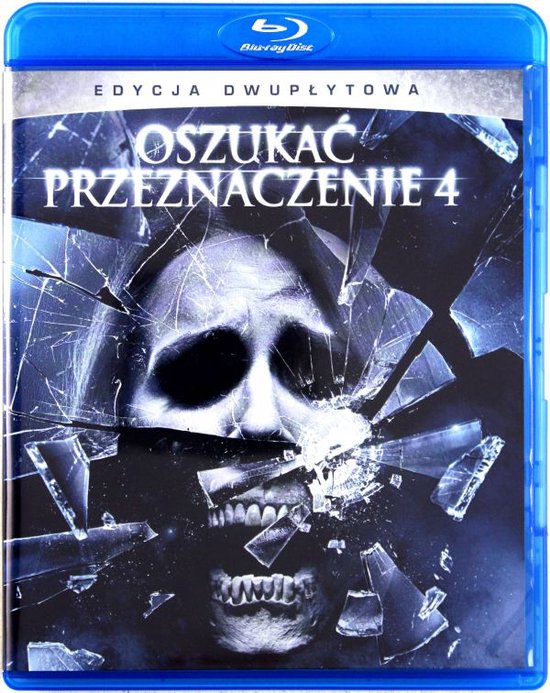 Boîtier Blu-ray de 'Oszukać przeznaczenie 4' (Destination Finale 4) avec un effet de verre brisé et une expression effrayante.