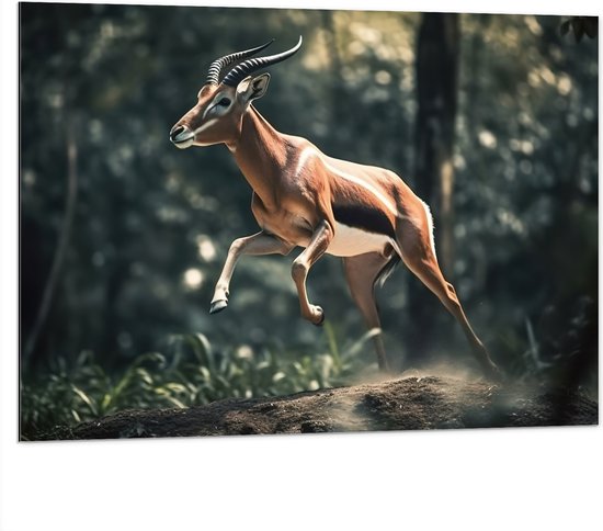 Dibond - Antilope Springend door het Bos - 100x75 cm Foto op Aluminium (Met Ophangsysteem)