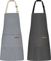 Set van 2 kookschorten voor dames, keukenschort met 2 zakken voor koken, bakken, schilderen, huishoudelijk werk (zwarte krijtstrepen/blauwe krijtstrepen)