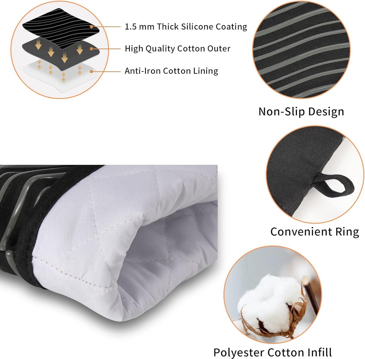 Lot de 4 gants de cuisine et maniques résistants à la chaleur jusqu'à 260 °C - Antidérapants de qualité alimentaire - Doublure matelassée et gants de four flexibles pour barbecue, pâtisserie et