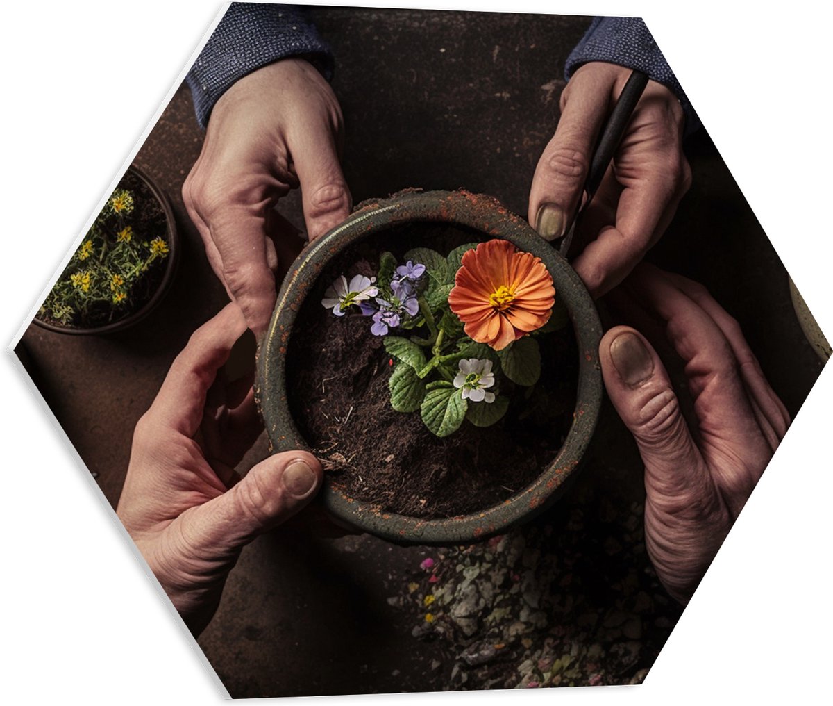 PVC Schuimplaat Hexagon - Bloemen - Bloempot - Potgrond - Handen - 50x43.5 cm Foto op Hexagon (Met Ophangsysteem)