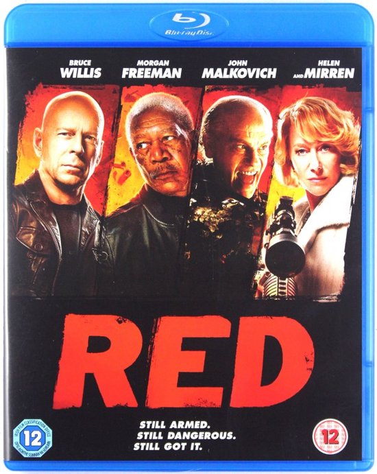 Blu-ray hoes: Bruce Willis, Morgan Freeman, John Malkovich en Helen Mirren. Rode 'RED'-tekst. 'STILL ARMED. STILL DANGEROUS. STILL GOT IT.'