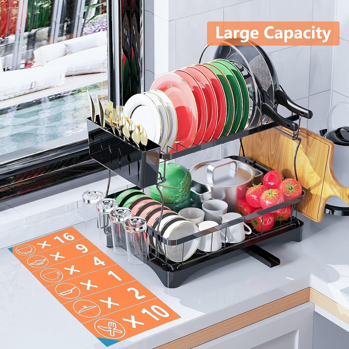 Egouttoir à 2 Niveaux De Grande Capacité Avec Bac D'égouttage