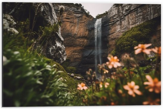 Dibond - Bergen - Waterval - Bloemen - Planten - 60x40 cm Foto op Aluminium (Met Ophangsysteem)