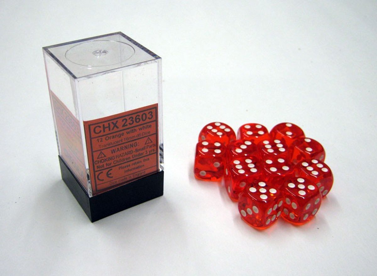 Chessex Doorschijnend Oranje/wit D6 16mm Dobbelsteen Set (12 stuks)