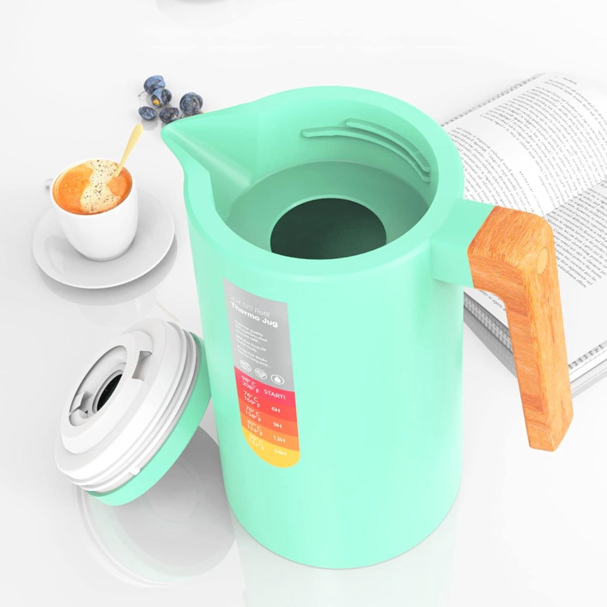 Thermoskan, 1 l, 304 roestvrij staal, houten handvat, koffiekan, dubbelwandig, 12