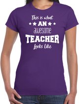 Bellatio Decorations cadeau t-shirt voor dames - awesome teacher - docent/lerares bedankje - paars L