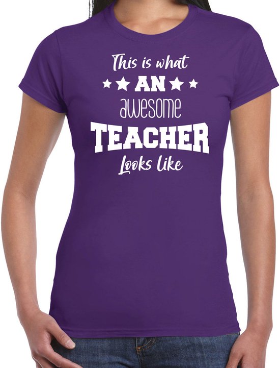 Foto: Bellatio decorations cadeau t shirt voor dames awesome teacher docent lerares bedankje paars l