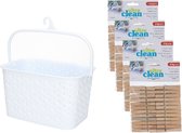 Panier à pinces à linge avec crochet de suspension - blanc - et 96x pinces à linge en bois 7 cm - linge suspendu
