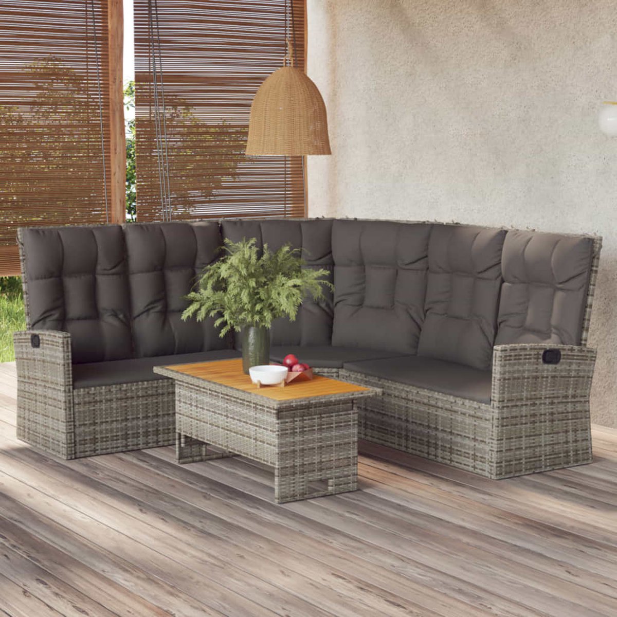 Grijze poly rattan loungeset met kussens voor buiten - Hoeksofa met lounge stoel.