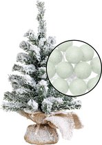 Kleine kunst kerstboom - besneeuwd - incl. lichtsnoer met balletjes lichtgroen- H45 cm