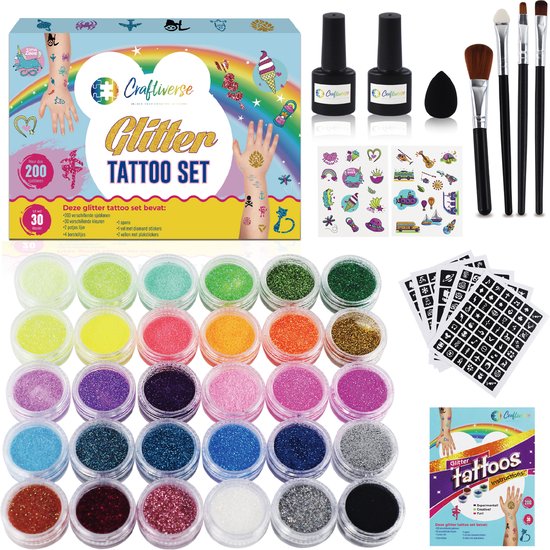 Craftiverse - Glitter Tattoo Set Compleet - 212 Sjablonen - 30 kleuren - Huidlijm Voor Glitters - Kinderen - Jongens en Meisjes - Inclusief Handleiding