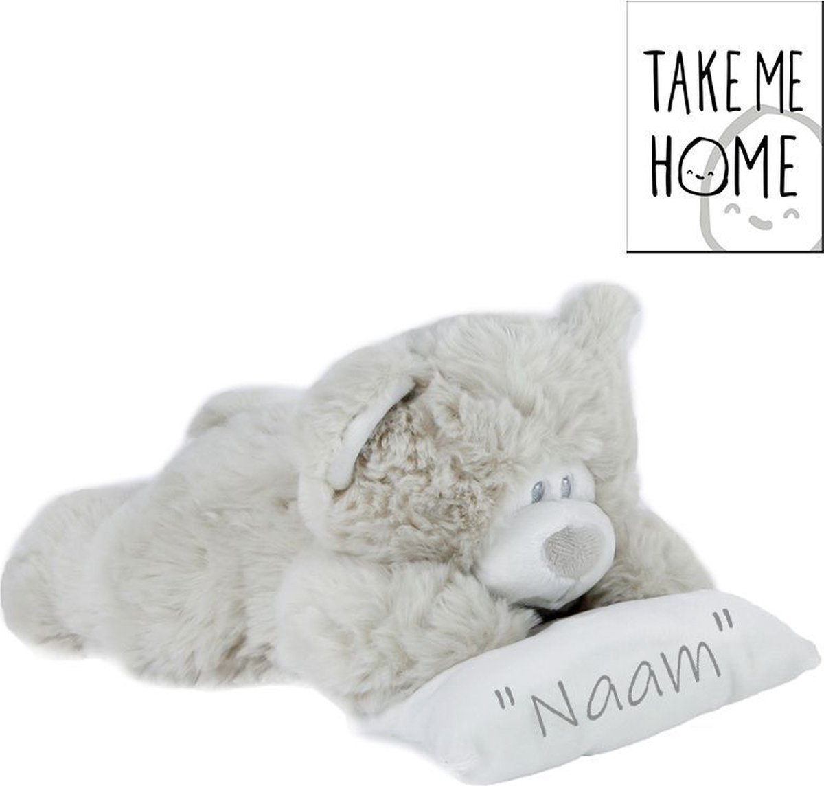 Take Me Home Pluche Beer Liggend Met Kussen 25 cm Grijs Gepersonaliseerd met Eigen Naam