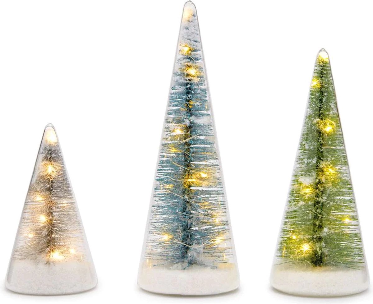 MoMA - Kerstbomen van Glas met warme LED verlichting - set van 3
