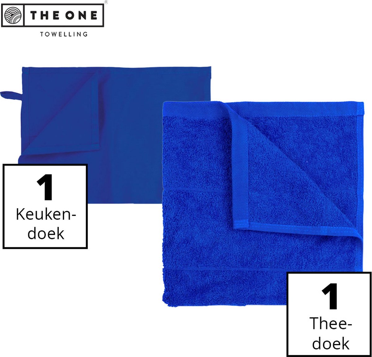 The One Towelling Keukentextiel set - 1 Handdoek & 1 Theedoek - Voordeelverpakking - 50 x 50 cm / 50 x 70 cm - Katoen - 2-Delig - Koningsblauw