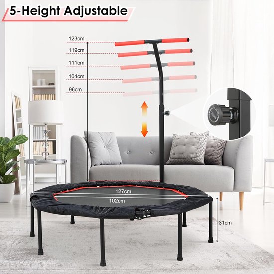 LIFERUN Mini Indoor Trampoline voor Volwassenen 128cm,Kleine Fitness Trampoline,Jump Rebounder Training,Laadvermogen 150kg,Rubberen Touwophanging,In Hoogte Verstelbare Handgrepen,Home, Rood