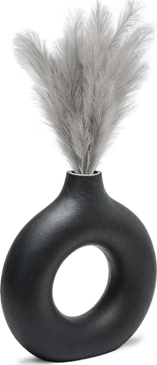 Handgemaakte vaas voor pampasgras, donutvaas, Nordic ringvorm, moderne decoratie, keramiek, woonkamerdecoratie, vazen als decoratie en als cadeau, mat zwart