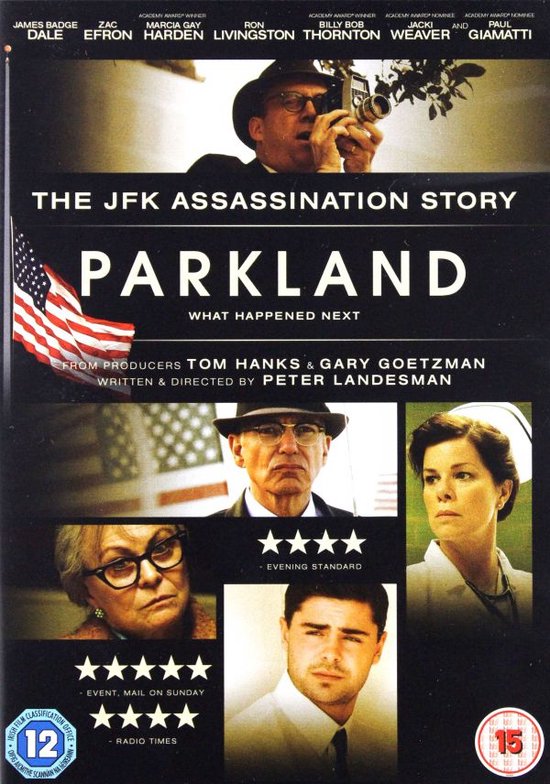 DVD-hoes met titel 'Parkland' en beelden van de cast, waaronder een man met camera en een verpleegster.