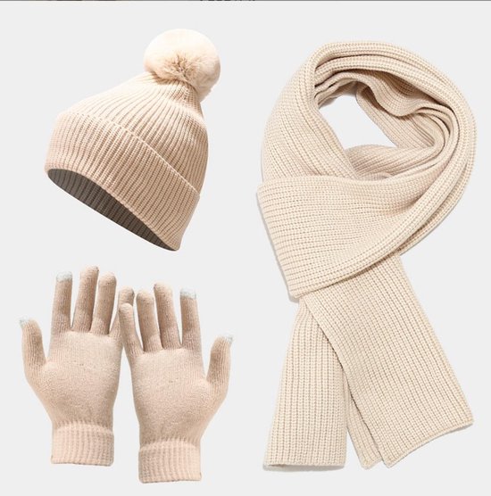 Ensemble hiver tricoté écharpe, bonnet, gants femme - Blanc cassé/Beige |  bol