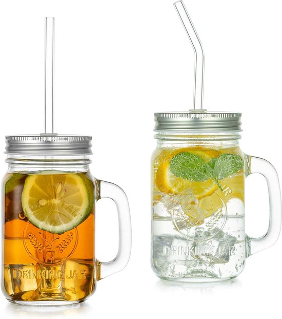 Glazen drinkglazen met deksel en rietje, vintage weckpotten, 500 ml, set van 2, Mason Jars, handgrepen met brede opening, herbruikbare opslag, smoothie, ontbijtgranen, haver, dessert, bubbletea, koffie, yoghurt