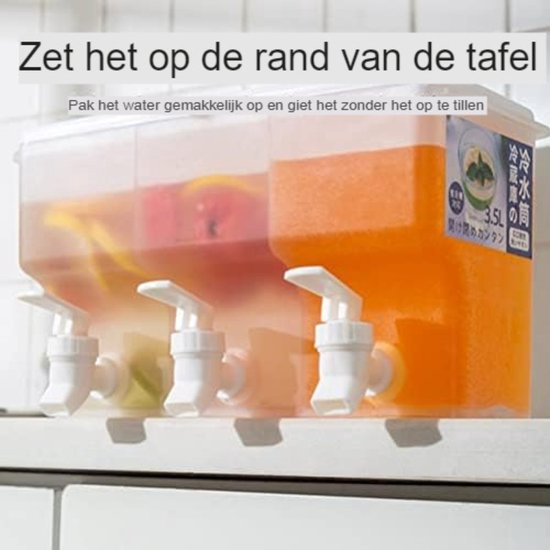 3,5 liter koelkast waterdispenser met kraan, plastic drankdispenser, plastic drankdispenser met 3 compartimenten, ijswatercontainer voor zomerse sappen, koud water, ijsthee, melk, bier. van Wihxd. — afbeelding 2