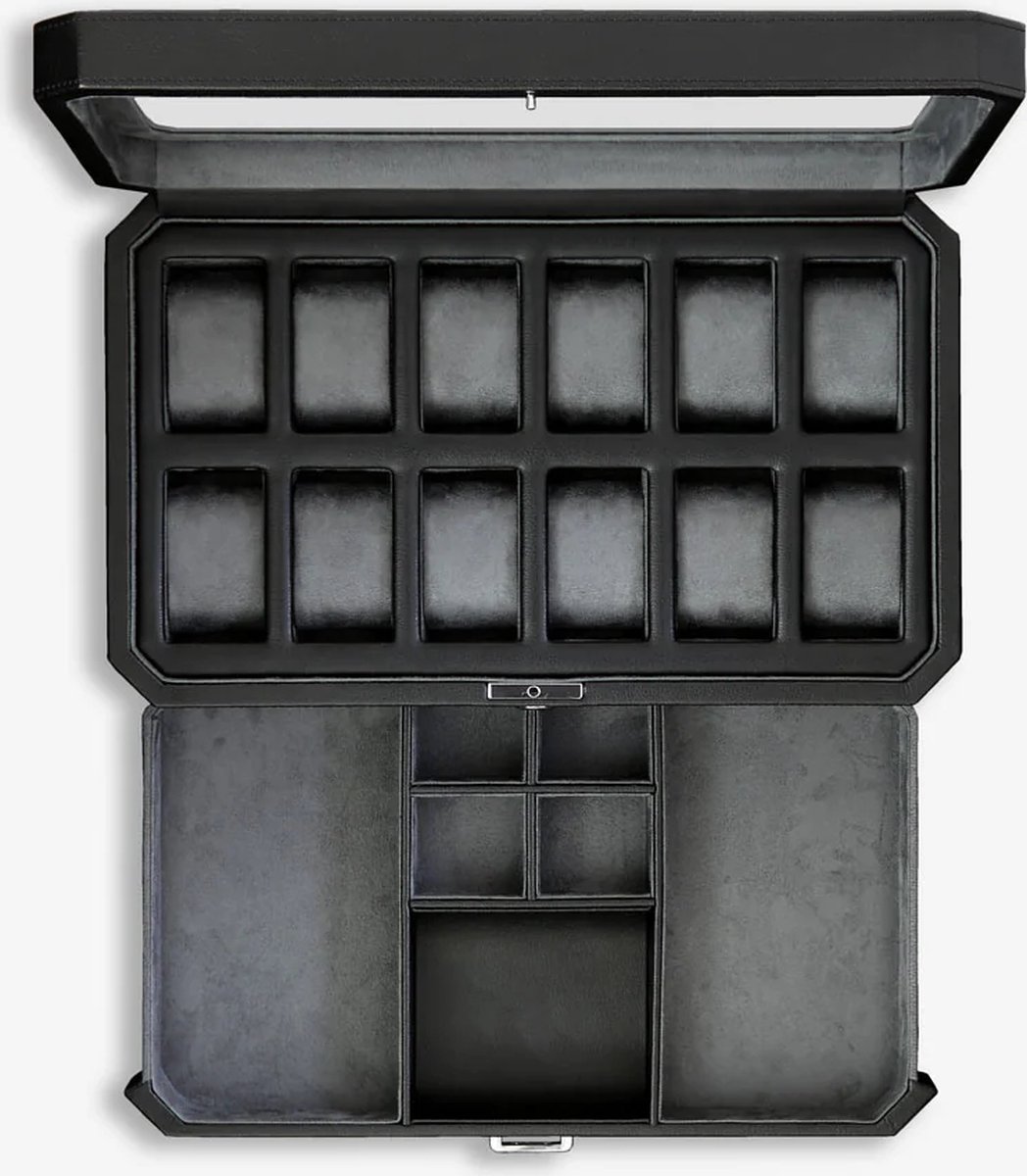Horlogedoos met valetlade voor mannen, luxe horlogedoos met 12 vakken, display organisator, microsuède voering, vergrendeling, juwelen, opbergdoos, houder, groot, glazen bovenkant (bruin) : Justin Eterovich
