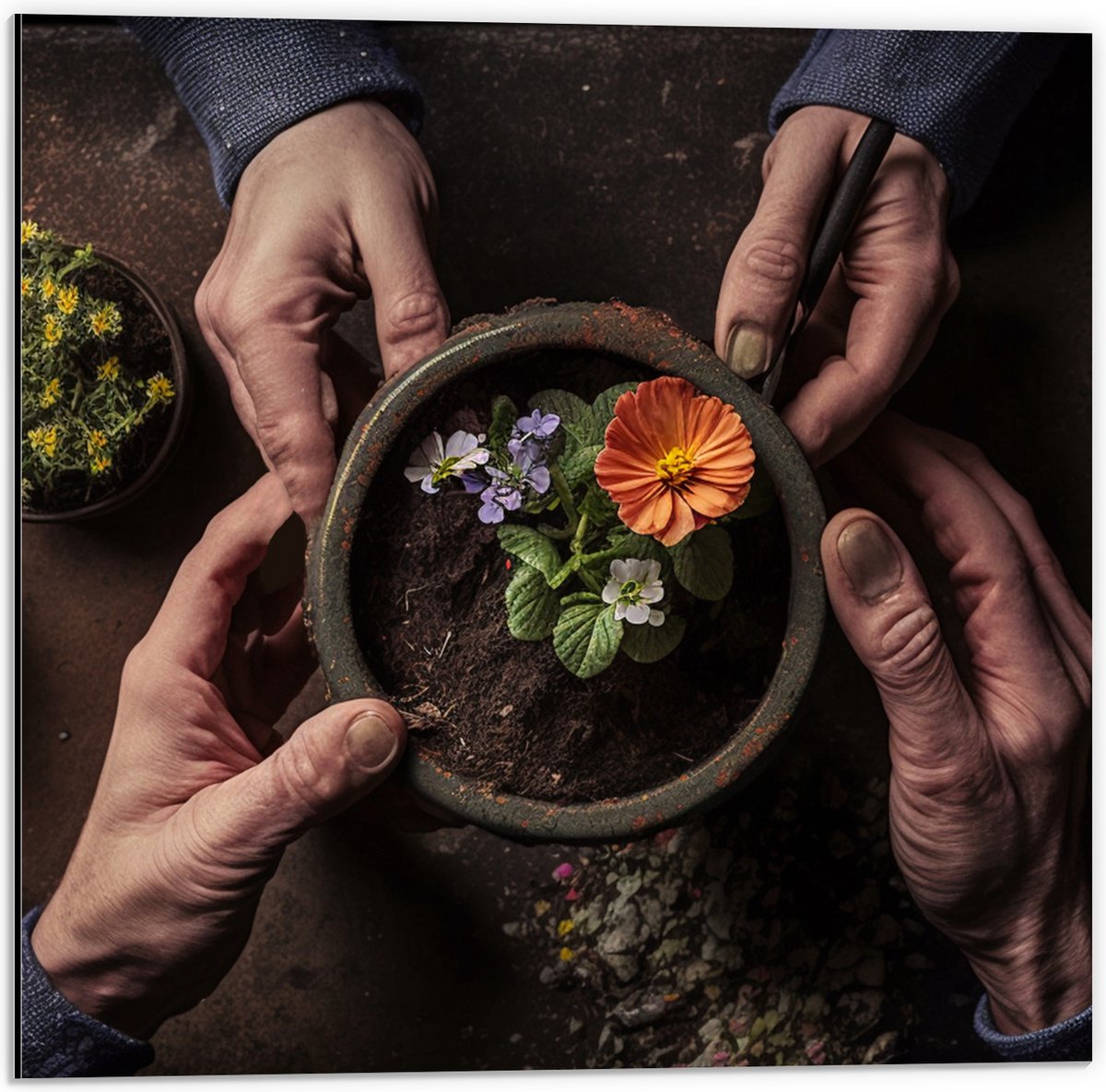 Dibond - Bloemen - Bloempot - Potgrond - Handen - 50x50 cm Foto op Aluminium (Wanddecoratie van metaal)
