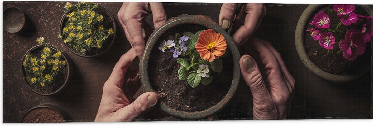 Vlag - Bloemen - Bloempot - Potgrond - Handen - 90x30 cm Foto op Polyester Vlag