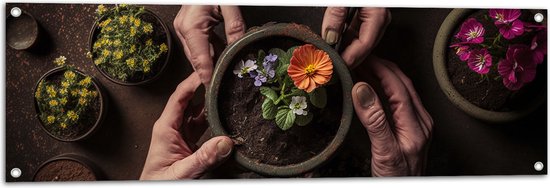 Foto: Tuinposter bloemen bloempot potgrond handen 120x40 cm foto op tuinposter wanddecoratie voor buiten en binnen 