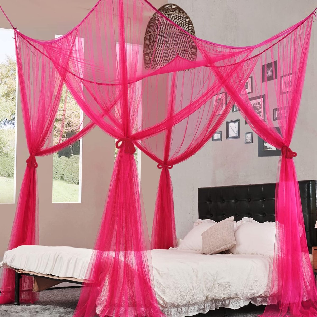 Hemelbedgordijnen met 4 hoekpalen voor volwassenen Klamboe voor bed Luxe bedgordijnen voor slaapkamerdecoratie 4 openingen Scheurbestendig polyester