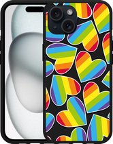 Cazy Hoesje Zwart geschikt voor iphone 15 Regenboog Hartjes