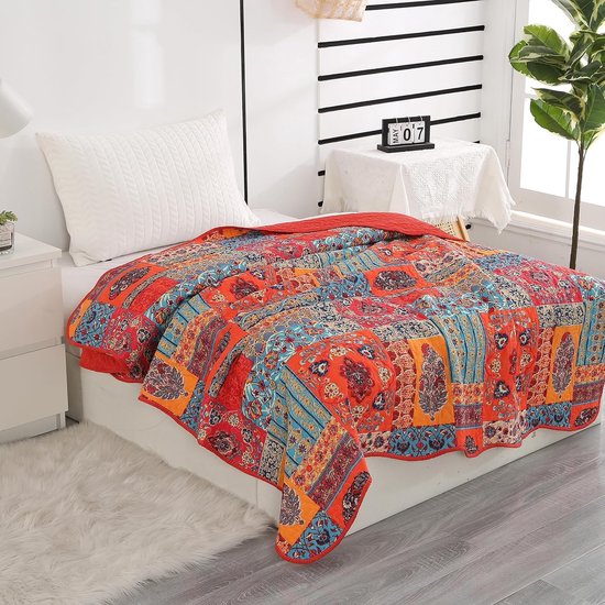 Qucover Sprei, oranje, patchwork, gewatteerd, licht, 150 x 200 cm, van 100% kleurrijke microvezel Qucover Sprei, oranje, patchwork, gewatteerd, licht, 150 x 200 cm, van 100% kleurrijke microvezel