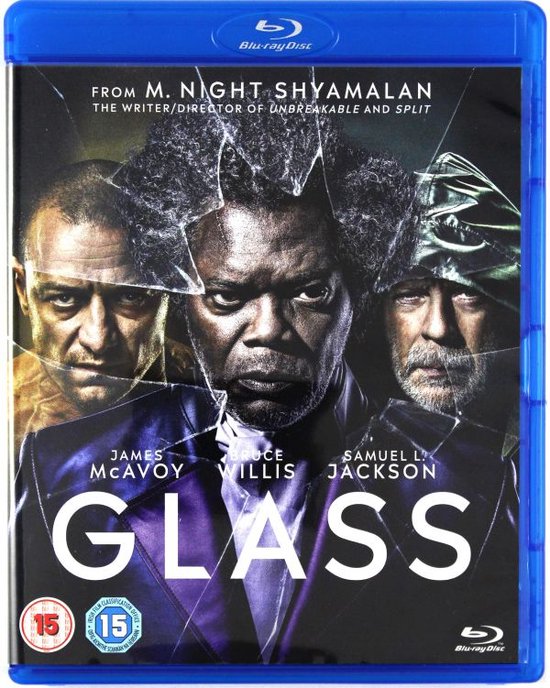 Blu-ray hoes van de film Glass, met de gezichten van James McAvoy, Bruce Willis en Samuel L. Jackson, door M. Night Shyamalan.