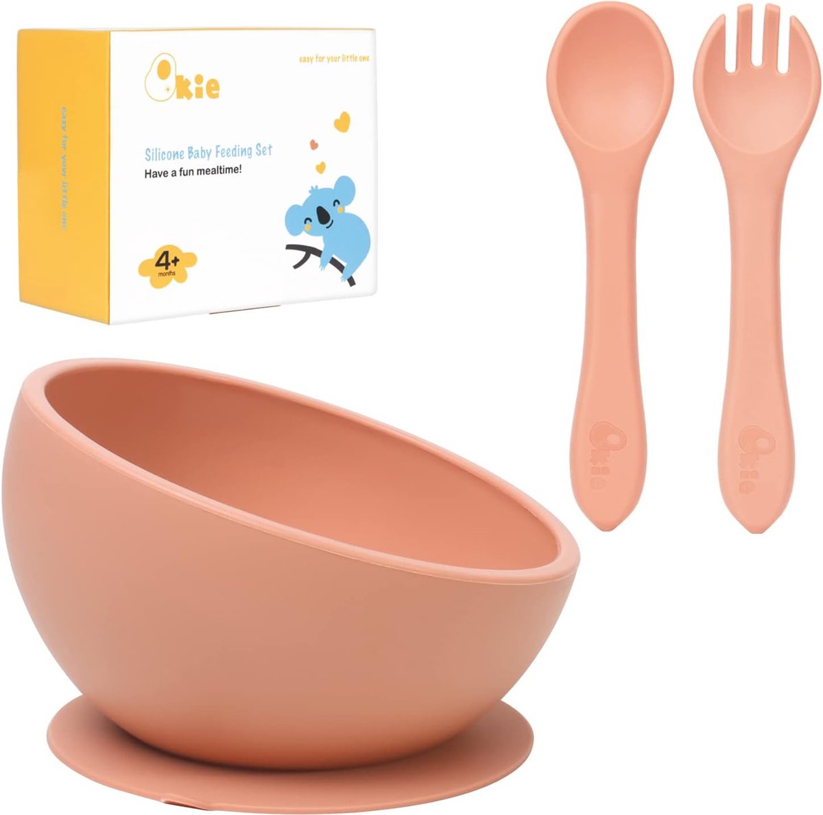 Baby siliconen kom & babybestek, schuin ontwerp voor de eerste fase van de baby, zelfvoeding, BPA-vrij, vaatwasmachinebestendig (muted pink
