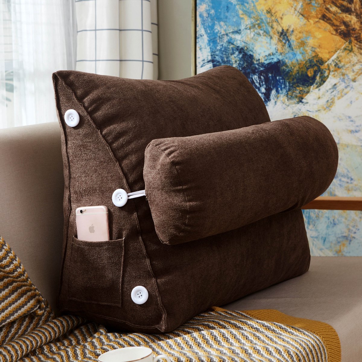 Leeskussen - Kussen voor lezen - Voor in Bed en Bank - Rugkussen - Boekenkussen met Kussenrol - Comfortabel Leeskussen - Bookseat - Meditatiekussen - Rugkussen onderrug - Bruin