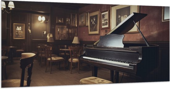Vlag - Cafe - Tafels - Stoelen - Hout - Piano - Muziek - 200x100 cm Foto op Polyester Vlag