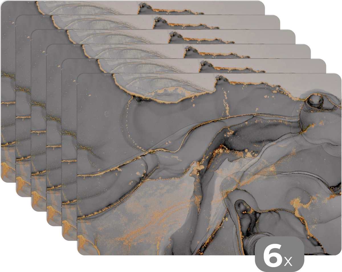 Placemats - Marmer - Goud - Grijs - Onderleggers placemat - 45x30 cm - 6 stuks