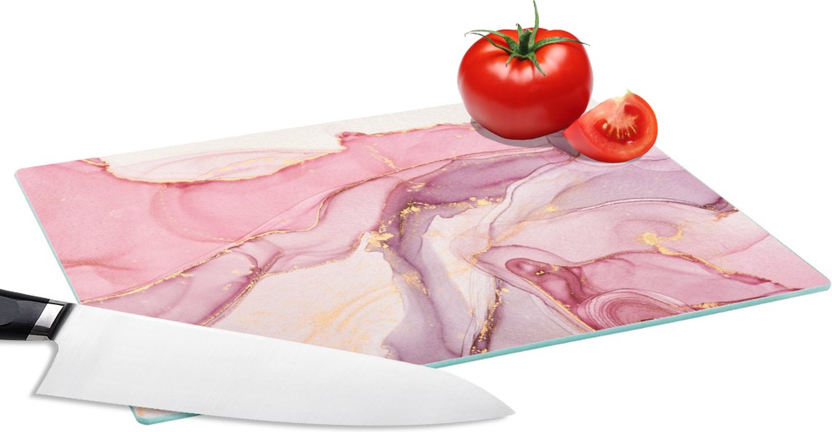 Glazen Snijplank - 28x20 - Goud - Marmer - Roze - Snijplanken Glas