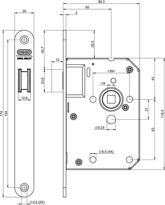 Technische tekening van een slot met afmetingen en specificaties. De tekening toont de 'NEMEF ASSA ABLOY' markering.